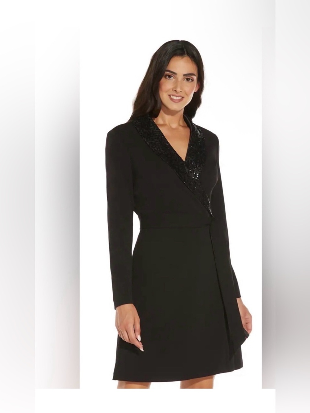 Adrianna Papell Black Sequin Tuxedo Midi Dress Long Sleeve SZ 4 NWT Cocktail MOB
